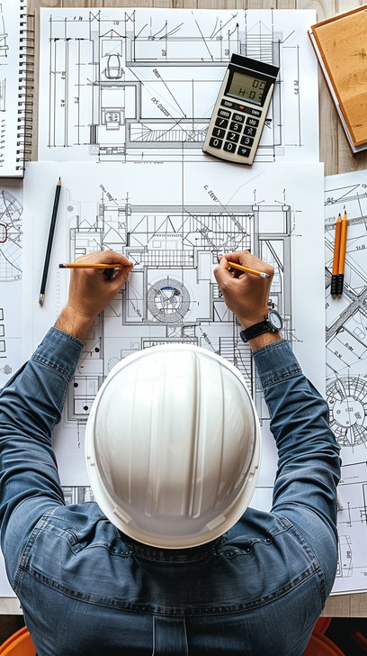 Engineer reviewing architectural blueprints and plans