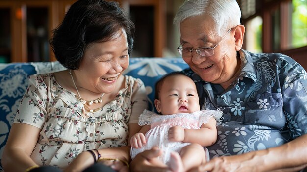 Multi-generational Asian family together at home
